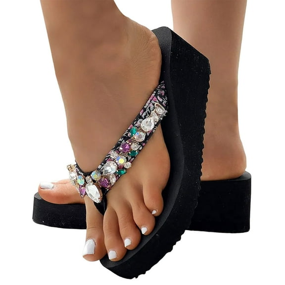 Womens Bohemian Rhinestone Flip Flops Fashion Summer Shoes Platform Shoes Slip On Thong Sandals