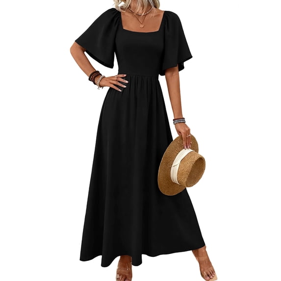 Womens Bohemian Square Neck Elegant Flared Ruffle Sleeve Maxi Dress Concert Beach Vacation Gown Black S