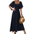 thumbnail image 1 of Womens Bohemian Square Neck Elegant Flared Ruffle Sleeve Maxi Dress Concert Beach Vacation Gown Navy Blue S, 1 of 8