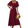thumbnail image 1 of Womens Bohemian Square Neck Elegant Flared Ruffle Sleeve Maxi Dress Concert Beach Vacation Gown Wine Red S, 1 of 8