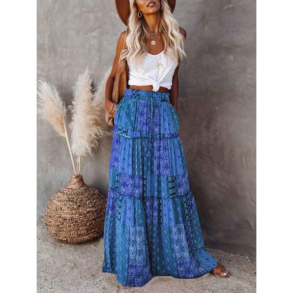 Womens Bohemian Tiered Maxi Skirt In Blue Patchwork Floral Print