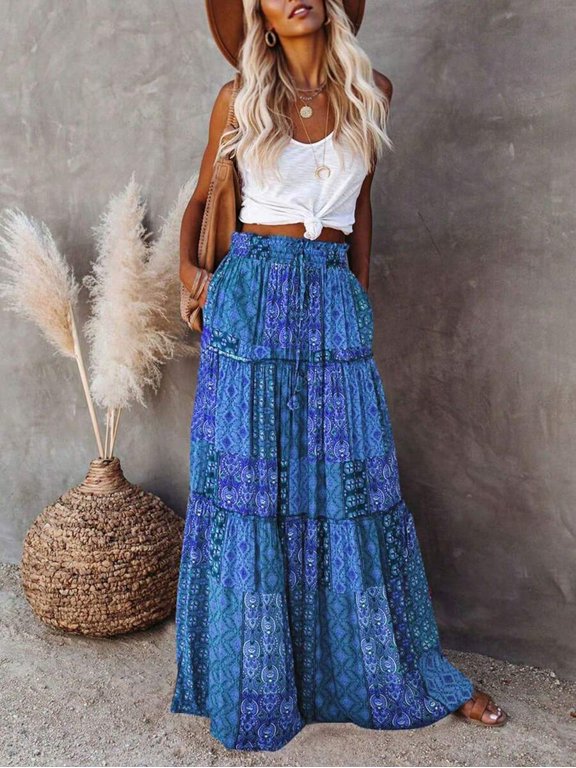 Womens Bohemian Tiered Maxi Skirt In Blue Patchwork Floral Print