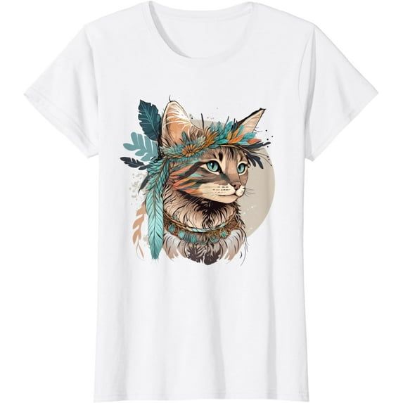 Womens Boho Aesthetic Cat | Sweet Cat Motifs | Bohemian Cat T-Shirt