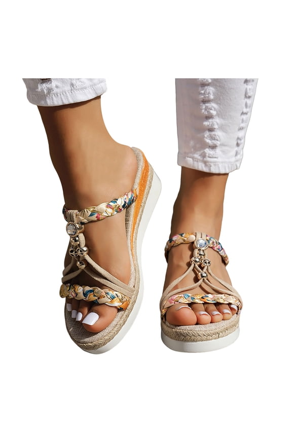 Womens Boho Beach Slides Sandals Summer Bohemian Braided Platform Wedge Slingback Dress Sandals