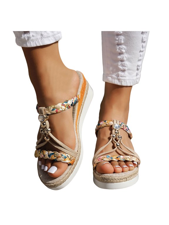 Womens Boho Beach Slides Sandals Summer Bohemian Braided Platform Wedge Slingback Dress Sandals