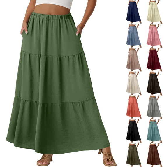 Womens Boho Casual Maxi Skirts Flowy Elastic High Waisted A-Line Long Skirts with Pockets Turquoise L
