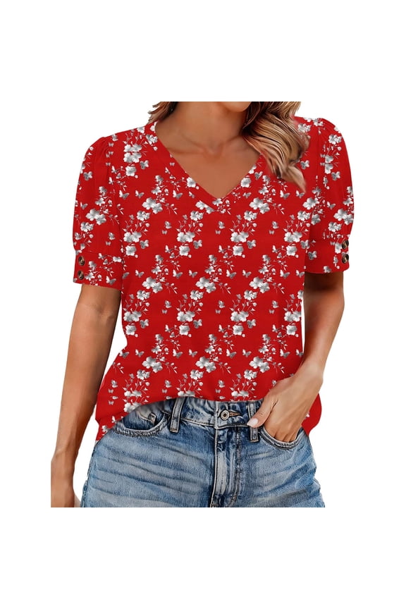 Womens Boho Chic Puffed Short Sleeve V Neck Tops Decorative Button Floral Geometric Print Loose Plus Size Summer Dressy Casual Blouses