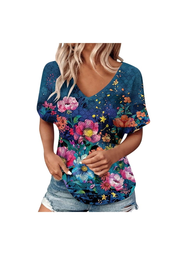 Womens Boho Chic Puffed Short Sleeve V Neck Tops Decorative Button Floral Geometric Print Loose Plus Size Summer Dressy Casual Blouses