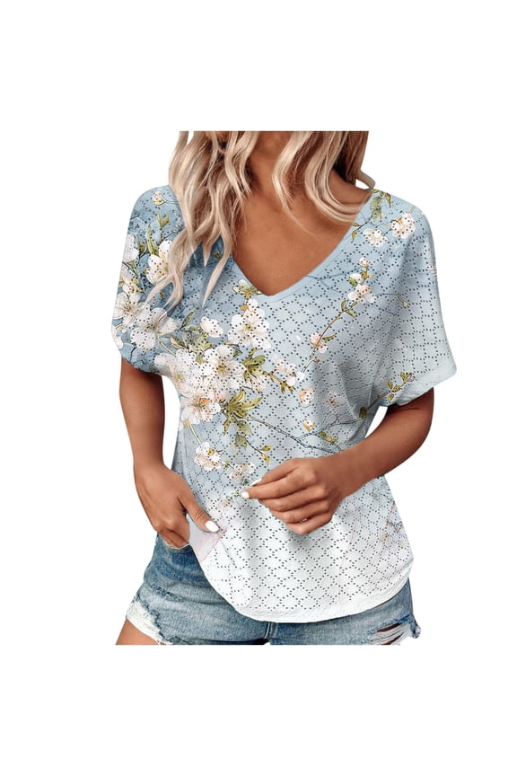 Womens Boho Chic Puffed Short Sleeve V Neck Tops Decorative Button Floral Geometric Print Loose Plus Size Summer Dressy Casual Blouses