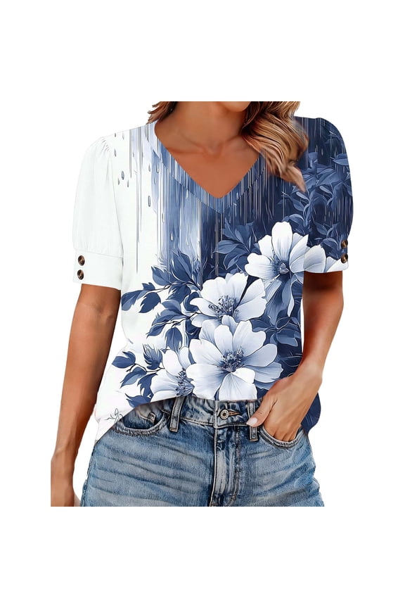 Womens Boho Chic Puffed Short Sleeve V Neck Tops Decorative Button Floral Geometric Print Loose Plus Size Summer Dressy Casual Blouses
