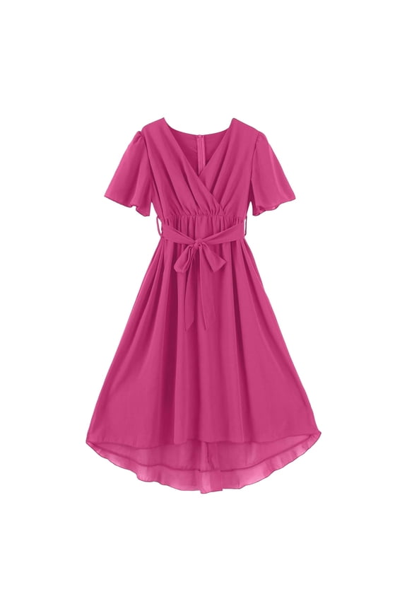 Womens Boho Chiffon Long Dresses Deep V-Neck Short Sleeve Ruffles Belt Smocked Elegant Summer A-Line Solid Color Wedding Prom Midi Dress Beach Vacation Outfits