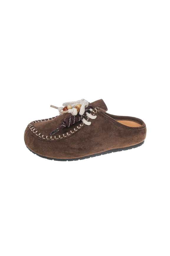 Womens Boho Clogs Slip On Mules with Beads & Tassel, Comfortable Embellished Flock Shoes for Women, Brown,Size 6