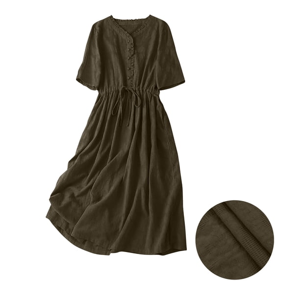 Womens Boho Cotton Dresses Short Sleeve Maxi Long Dress Summer Cute Vacation Flowy Trendy Sundress New Work Dresses for Women Army Green M