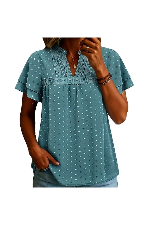 Womens Boho Crochet Lace Trim Short Sleeve V Neck Shirts, Solid Jacquard Dressy Casual Summer Tops Ruffle Double Layer Butterfly Flutter Sleeve Loose Fit Blouse Curved Hem