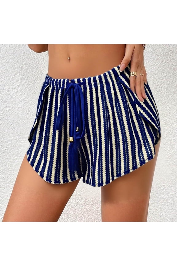 Womens Boho Crochet Shorts Striped Beach Vacation Cover-Up Shorts Drawstring Knit Cotton Summer Bottoms Blue, L