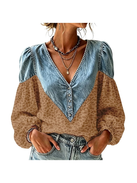 Womens Boho Denim Patchwork Peasant Blouse Leopard Print Western Tops, L