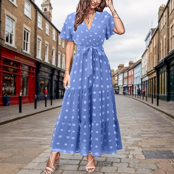 Womens Boho Dot Maxi Dresses Wrap V Neck Flutter Short Sleeve Solid Tie Belt A Line Tiered Flowy Long Dresses in Dresses plus Size Dress for Women Ladies Causal Dresses Shirt Dresses with Pockets Fall