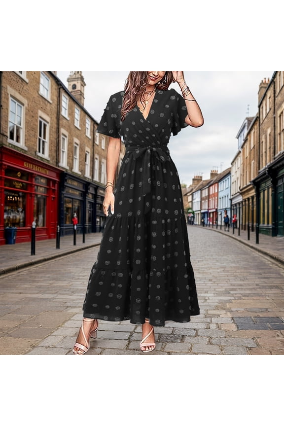 Womens Boho Dot Maxi Dresses Wrap V Neck Flutter Short Sleeve Solid Tie Belt A Line Tiered Flowy Long Dresses in Dresses plus Size Dress for Women Ladies Causal Dresses Shirt Dresses with Pockets Fall