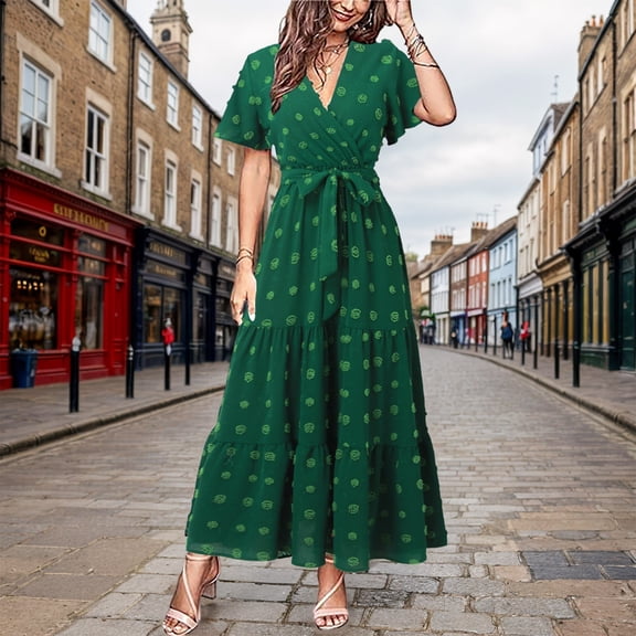 Womens Boho Dot Maxi Dresses Wrap V Neck Flutter Short Sleeve Solid Tie Belt A Line Tiered Flowy Long Dresses in Dresses plus Size Dress for Women Ladies Causal Dresses Shirt Dresses with Pockets Fall