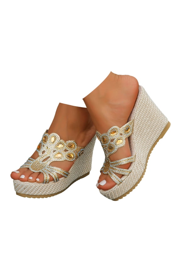 Womens Boho Dress Slides Sandals Ethnic Beach Summer Crystal Platform Extra Wedge High Heels Slip on Slippers