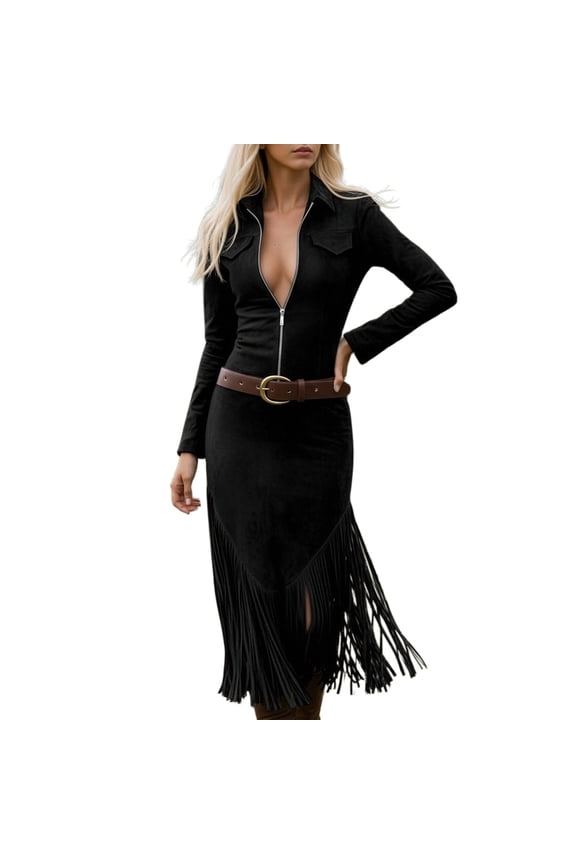 Womens Boho Dress Square Neck Sleeveless Fringe Hem Maxi Dress Spring Summer Black