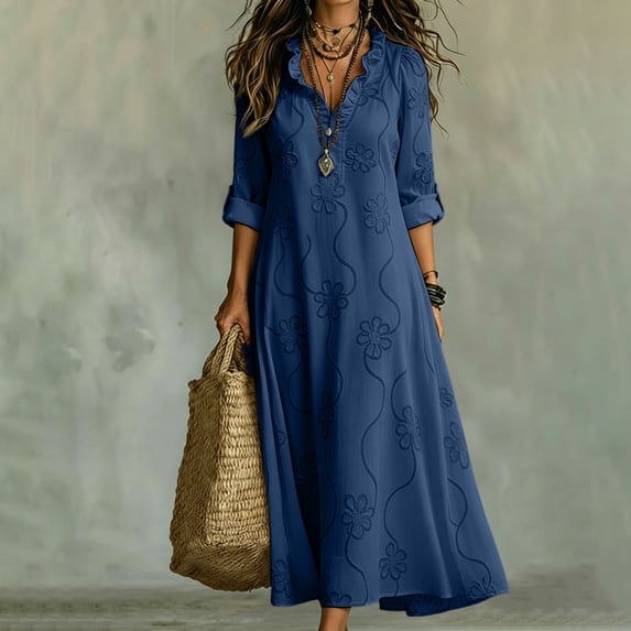 Womens Boho Dresses Rolled Up Long Sleeve Ruffle V Neck Floral Dresses Casual Loose Vacation Maxi Dresses, S