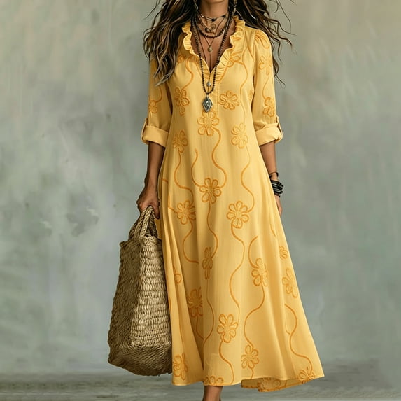 Womens Boho Dresses Rolled Up Long Sleeve Ruffle V Neck Floral Dresses Casual Loose Vacation Maxi Dresses, S