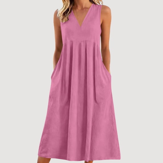 Womens Boho Dresses Sleeveless Midi Dress for Women Tank V-Neck Sundress with Pockets Lightweight Breathable Summer Casual Beach Wear L