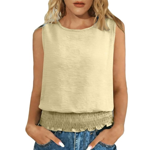 Womens Boho Dressy Blouses, Tank Tops for Women Summer Casual Solid Color Cropped Ruffle Crewneck Sleeveless Shirts