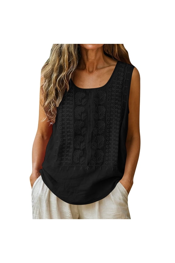 Womens Boho Embroidered Sleeveless Tank Top Vintage Crew Neck Loose Fitting Casual Blouse for Summer Black S