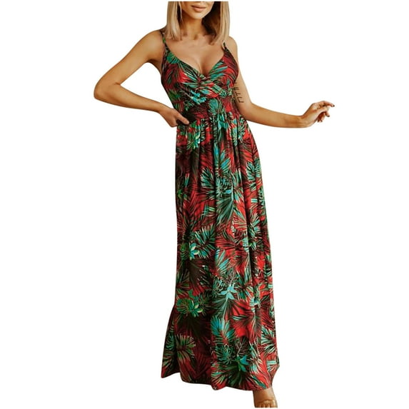 Womens Boho Fashion Sling Long Dress Elegant Holiday Chic Print Sleeveless V-Neck Flowy Swing Maxi Dress