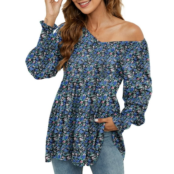 Womens Boho Floral Blouse Ruched Lantern Sleeve Shirts Ruffle Hem Peplum Tops V Neck Long Sleeve Flowy T-Shirts