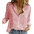 thumbnail image 1 of Womens Boho Floral Cotton Linen Shirt V Neck Button Down Roll Up Long Sleeve Lapel Blouse Tops, 1 of 3