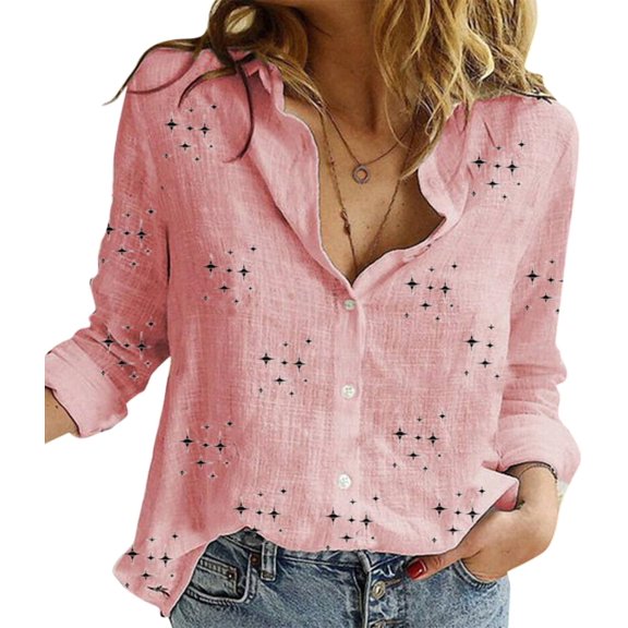 Womens Boho Floral Cotton Linen Shirt V Neck Button Down Roll Up Long Sleeve Lapel Blouse Tops