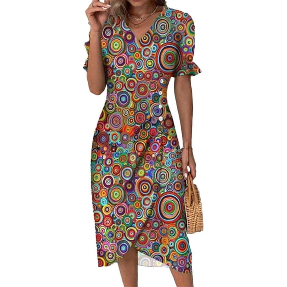 Womens Boho Floral Dresses V Neck Puff Short Sleeve Colorful Graphic Print Asymmetric Midi Dress Summer