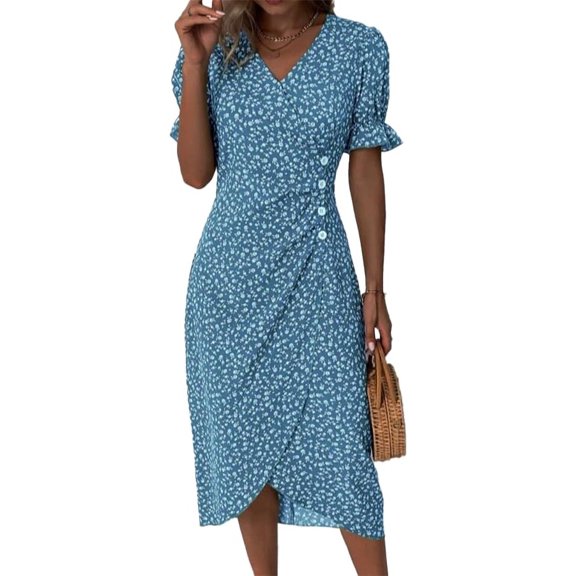 Womens Boho Floral Dresses V Neck Puff Short Sleeve Colorful Graphic Print Asymmetric Midi Dress Summer