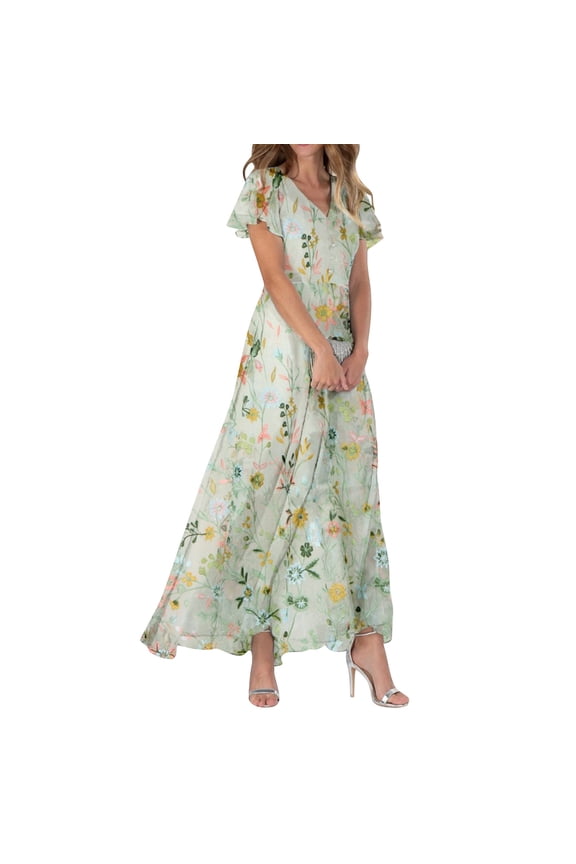 Womens Boho Floral Maxi Dress V Neck Ruffle Sleeve Chiffon Summer Beach Wedding Guest Dress L