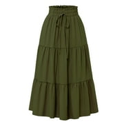 TIANIYOUQING Womens Boho Floral Maxi Midi Skirt 2025 Summer Trendy Drawstring Elastic Waist Pleated Aline Flowy Long Skirts Beach Vacation Army Green M