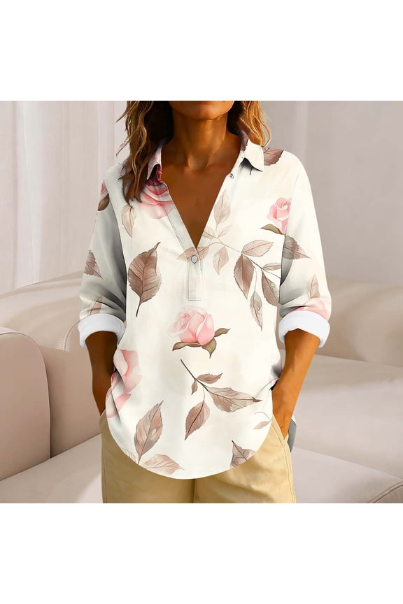 Womens Boho Floral Print Summer 3/4 Length Sleeve Blouses Shirts Dressy Casual V Neck Tops Khaki M
