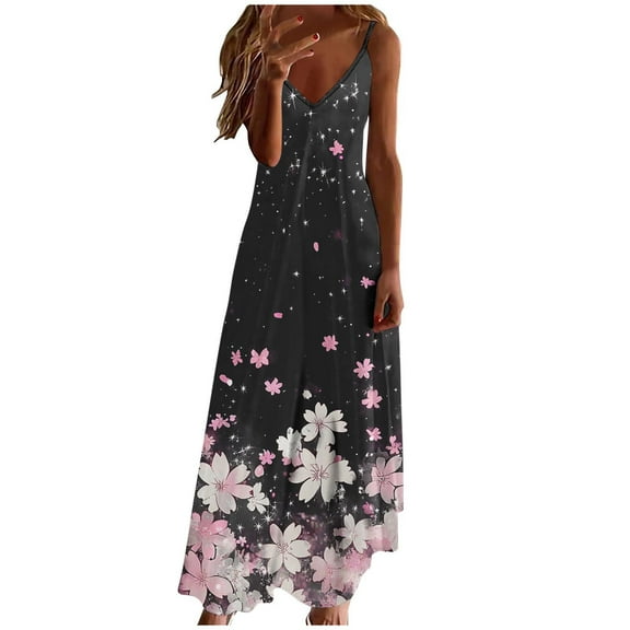 Womens Boho Floral Printed Dress Summer Sleeveless Adjustable Strap Beach Long Dress B-Black