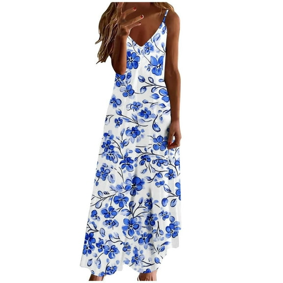 Womens Boho Floral Printed Dress Summer Sleeveless Adjustable Strap Beach Long Dress D-Sky Blue