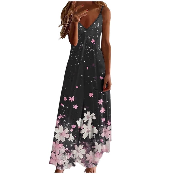 ZQUUVOU Womens Boho Floral Printed Dress Summer Sleeveless Adjustable Strap Beach Long Dress E-Black