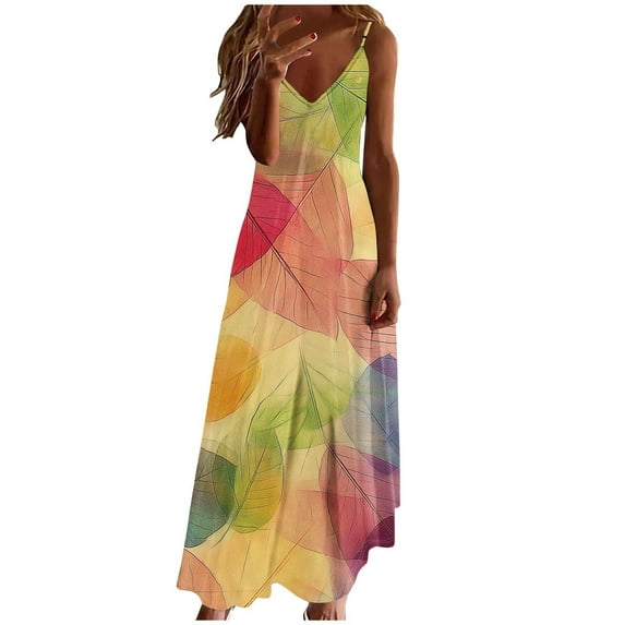Womens Boho Floral Printed Dress Summer Sleeveless Adjustable Strap Beach Long Dress G-Multicolor