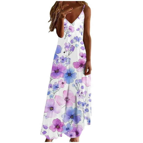 Womens Boho Floral Printed Dress Summer Sleeveless Adjustable Strap Beach Long Dress I-Purple