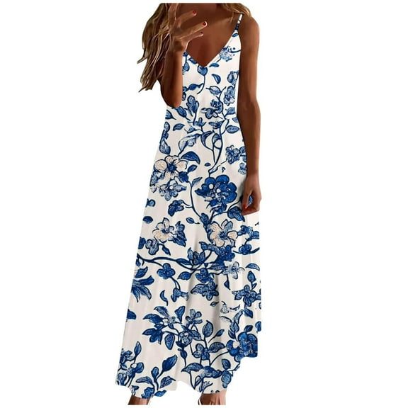 Womens Boho Floral Printed Dress Summer Sleeveless Adjustable Strap Beach Long Dress N-Blue