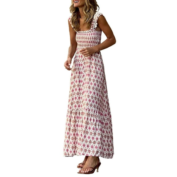 Womens Boho Floral Printing Maxi Dress Strap Square Neck Ruffle Beach Flowy Sun Long Dress