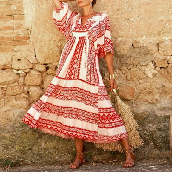 Womens Boho Floral Puff Sleeve Tiered Maxi Dress Long Dresses