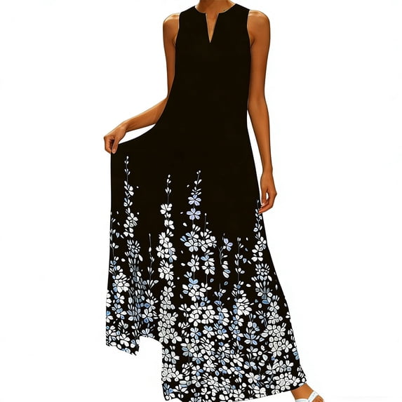 Womens Boho Floral Sleeveless Maxi Dress V Neck Flowy Long Sundress Casual Summer Party Vacation Cruise Beach Outfits