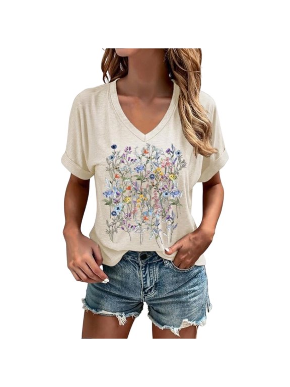Womens Boho Floral Wildflowers Tees Vintage Graphic T-shirts Cottagecore Summer T-Shirt Blouse (Beige M)