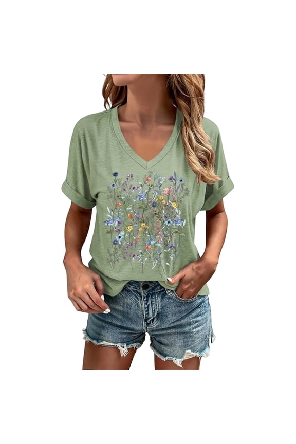 Womens Boho Floral Wildflowers Tees Vintage Graphic T-shirts Cottagecore Summer T-Shirt Blouse (Green M)